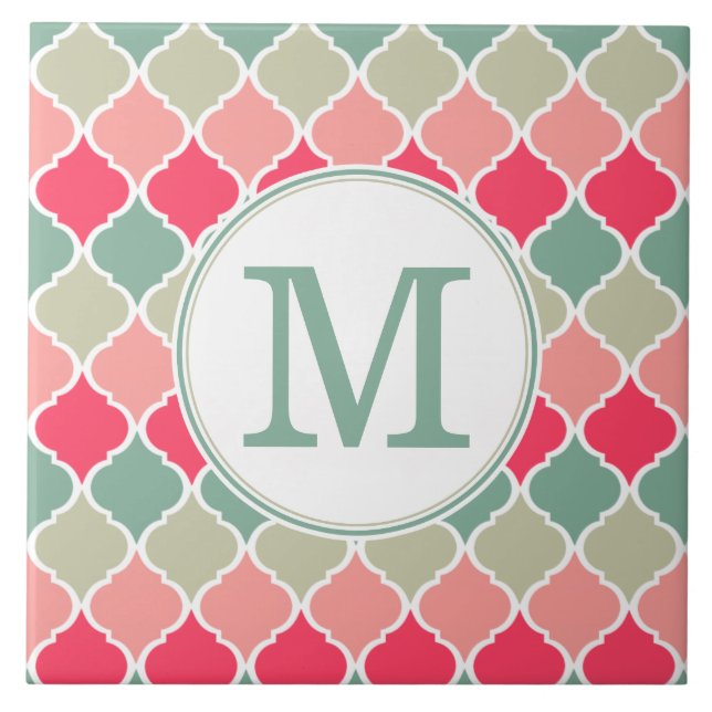 Monogrammad Rosa Grönt Moroccan Lattice Mönster Kakelplatta (Framsidan)