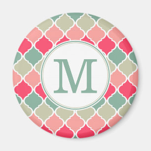 Monogrammad Rosa Grönt Moroccan Lattice Mönster Magnet
