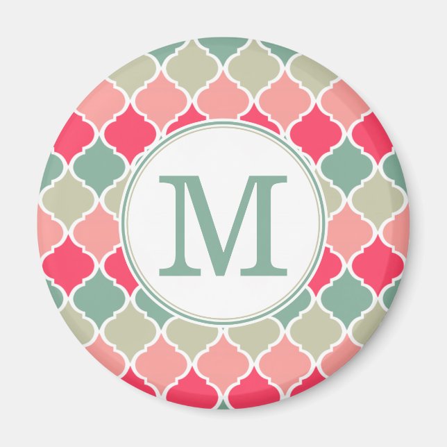 Monogrammad Rosa Grönt Moroccan Lattice Mönster Magnet (Framsidan)