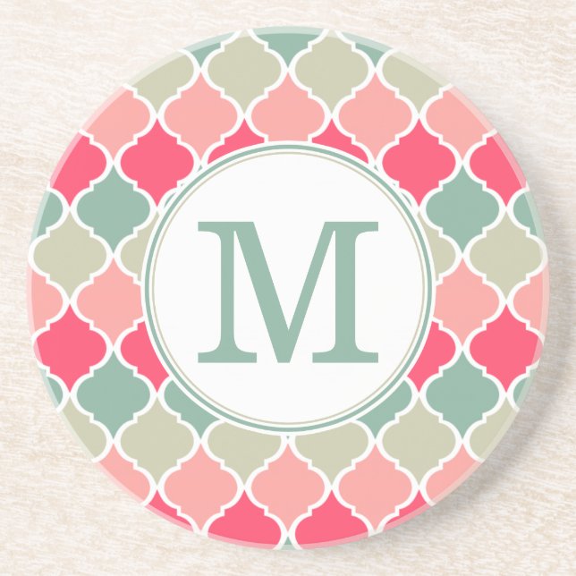 Monogrammad Rosa Grönt Moroccan Lattice Mönster Underlägg (Framsidan)