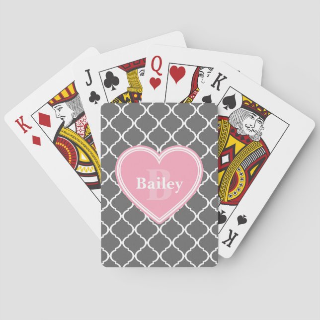 Monogrammad Rosa Heart Grått Moroccan Lattice Casinokort (Baksidan)