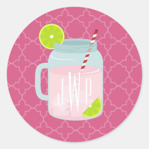Monogrammad Rosa Lemonade Berry Quatrefoil Runt Klistermärke