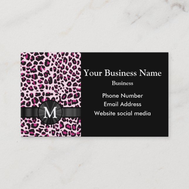 Monogrammad rosa leopard print mönster visitkort (Framsida)