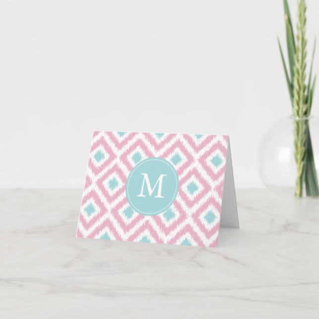 Monogrammad Rosa Mint Diamonds Ikat Mönster Anteckningskort (Framsida)