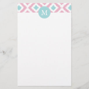 Monogrammad Rosa Mint Diamonds Ikat Mönster Brevpapper