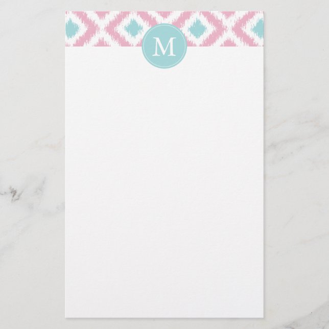 Monogrammad Rosa Mint Diamonds Ikat Mönster Brevpapper (Framsida)