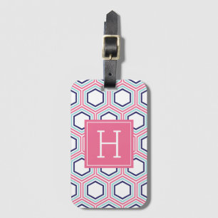 Monogrammad Rosa och blå geometrisk Mönster Bagagebricka
