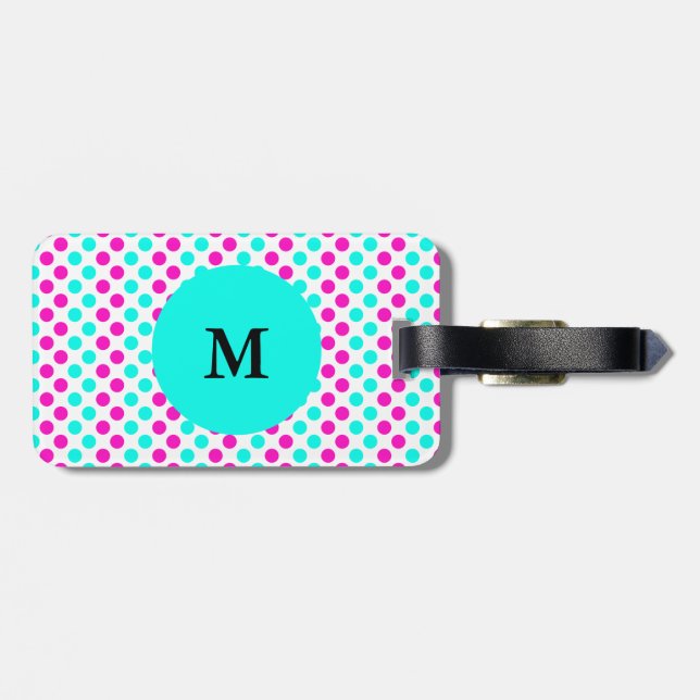 Monogrammad Rosa och Blue Polka dots Bagagebricka (Baksida Vågrät)
