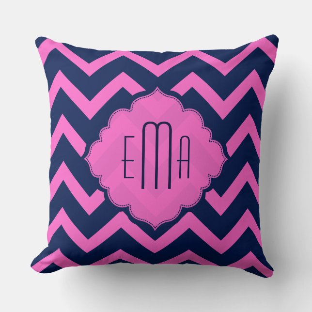 Monogrammad Rosa och Blue Zigzag Chevron Kudde (Framsida)