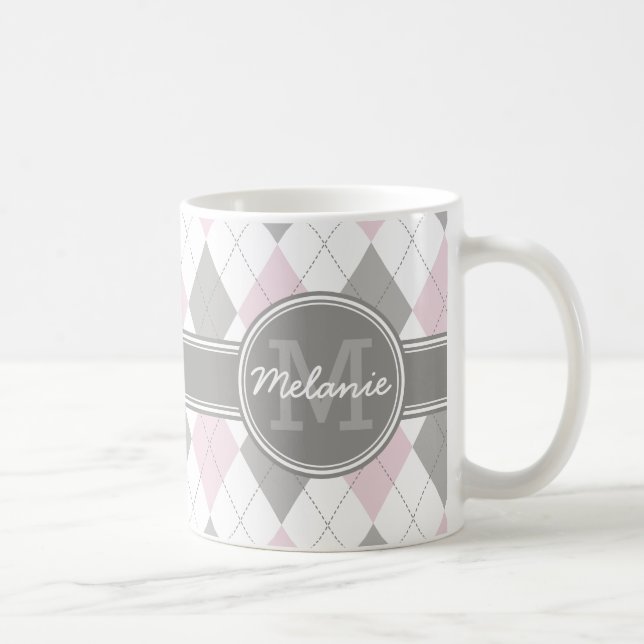 Monogrammad Rosa och Grått Argyle Mönster Kaffemugg (Höger)
