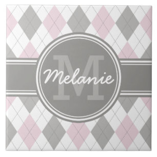 Monogrammad Rosa och Grått Argyle Mönster Kakelplatta