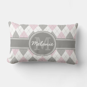 Monogrammad Rosa och Grått Argyle Mönster Lumbarkudde
