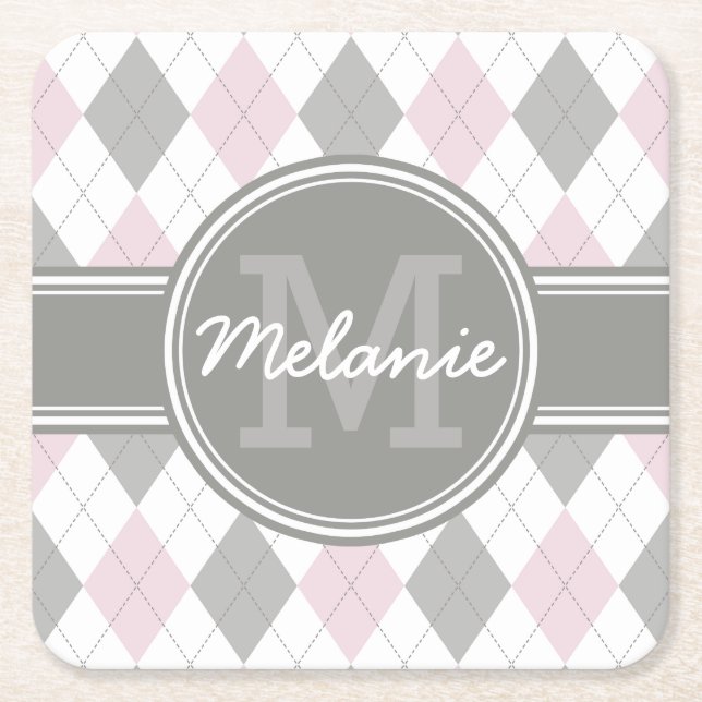 Monogrammad Rosa och Grått Argyle Mönster Underlägg Papper Kvadrat (Framsidan)