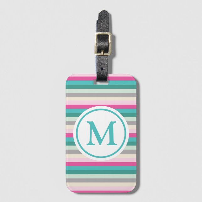 Monogrammad rosa- och Grönt-stripe Bagagebricka (Framsida vertikal)