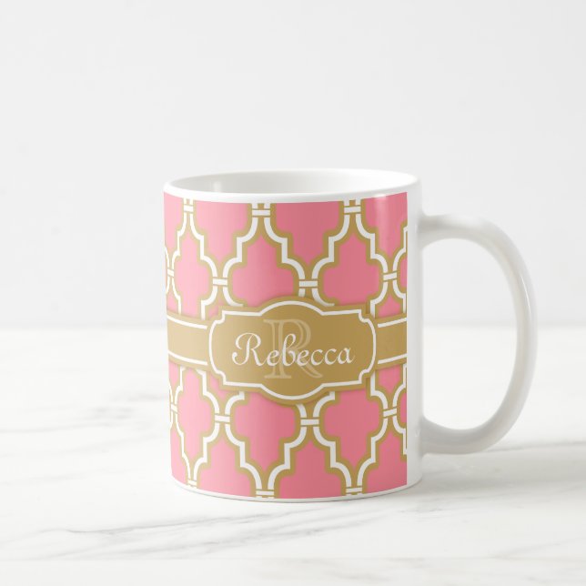 Monogrammad Rosa och Guld Lattice Mönster Kaffemugg (Höger)