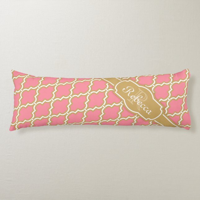 Monogrammad Rosa och Guld Lattice Mönster Kroppskudde (Framsidan)