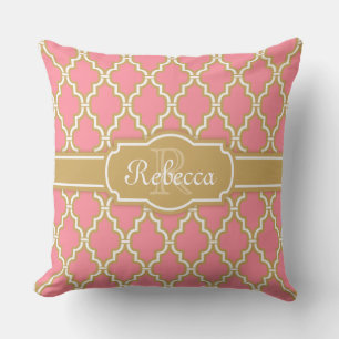 Monogrammad Rosa och Guld Lattice Mönster Kudde