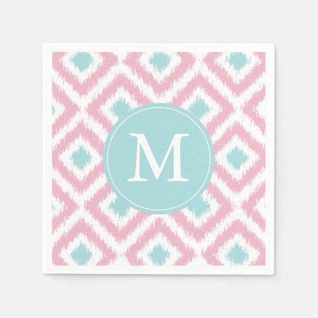 Monogrammad Rosa och Mint Ikat Diamonds Mönster Pappersservett (Framsidan)