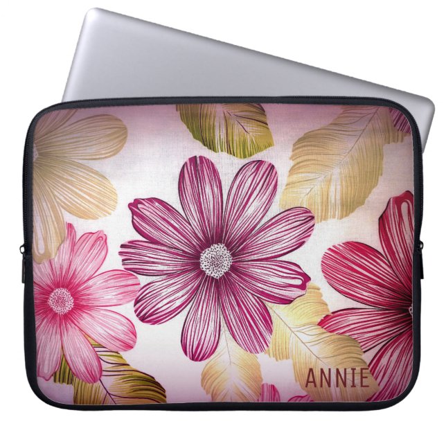 Monogrammad Rosa och röda blommor Laptop Fodral (Framsidan)