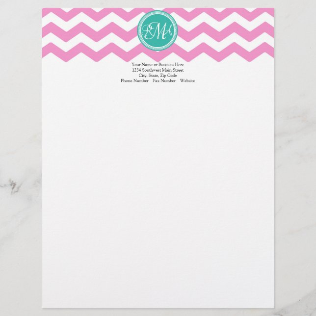 Monogrammad Rosa och Teal Chevron-Anpassningsbar Brevhuvud (Framsida)