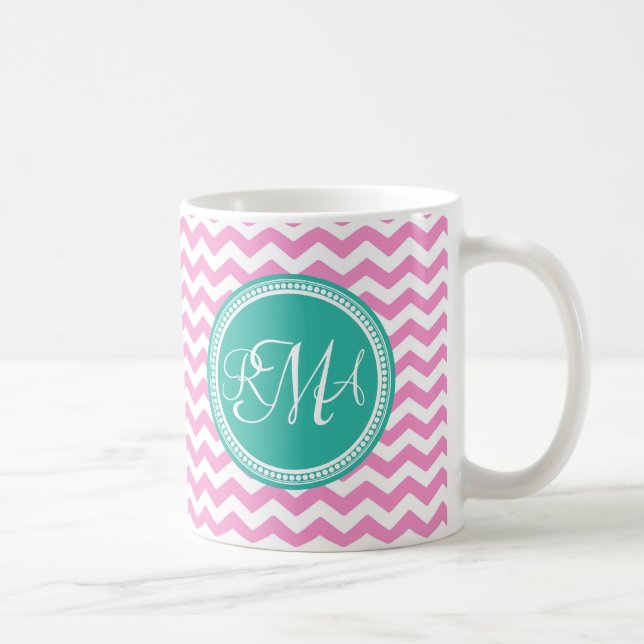 Monogrammad Rosa och Teal Chevron-Anpassningsbar Kaffemugg (Höger)