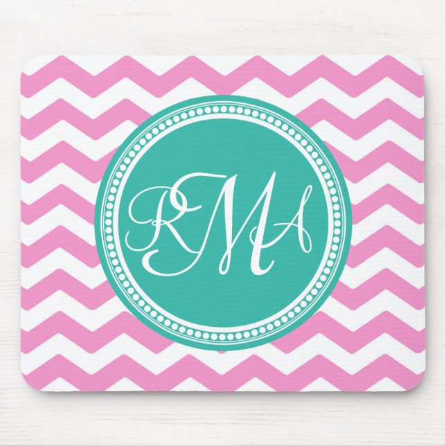 Monogrammad Rosa och Teal Chevron-Anpassningsbar Musmatta (Framsidan)