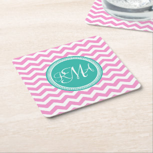Monogrammad Rosa och Teal Chevron-Anpassningsbar Underlägg Papper Kvadrat