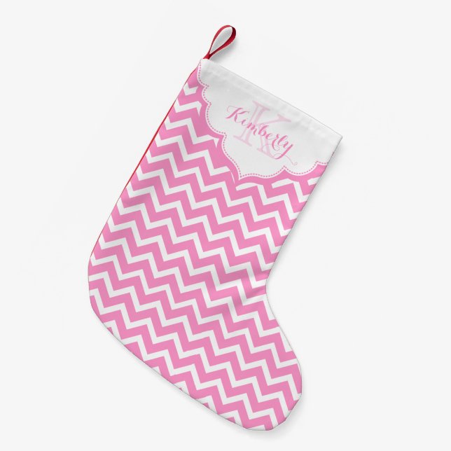 Monogrammad Rosa och White Zigzag Chevron Liten Julstrumpa (Framsidan (Hängande))