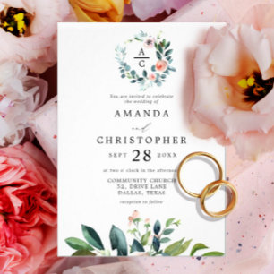 Monogrammad Rosa Romantic Blommar Bröllop Inbjudningar
