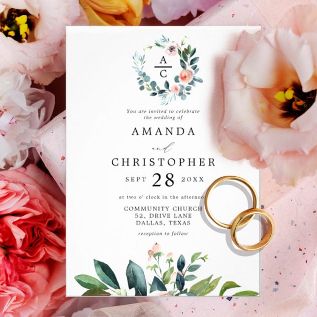 Monogrammad  Rosa Romantic Blommar Bröllop Inbjudningar (Skapare uppladdad)