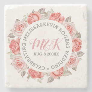 Monogrammad Rosa ros Wandeans Bröllop-mall Underlägg Sten