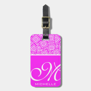 Monogrammad rosa Script BW-fyrkantscirkel Bagagebricka