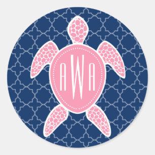 Monogrammad Rosa Sea Turtle Blue Quatrefoil Runt Klistermärke