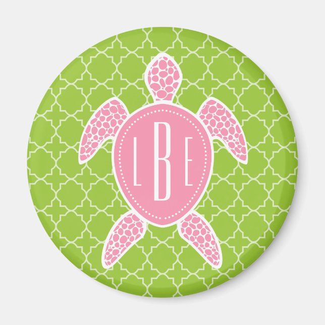 Monogrammad Rosa Sea Turtle Grönt Quatrefoil Magnet (Framsidan)