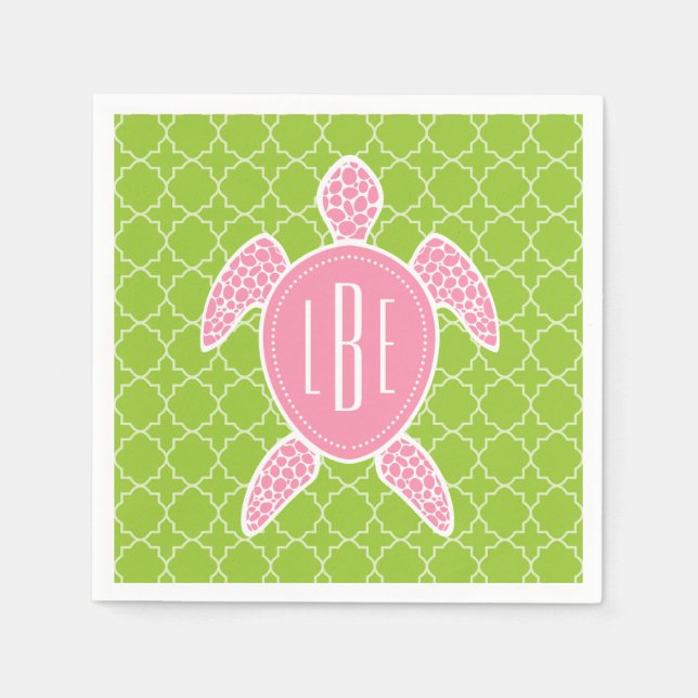 Monogrammad Rosa Sea Turtle Grönt Quatrefoil Pappersservett (Framsidan)