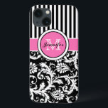 Monogrammad Rosa, svart, vit, rand Fodral<br><div class="desc">Monogrammad modern rosa,  svart och vitt rand med Fodral-Mate iphone case.</div>