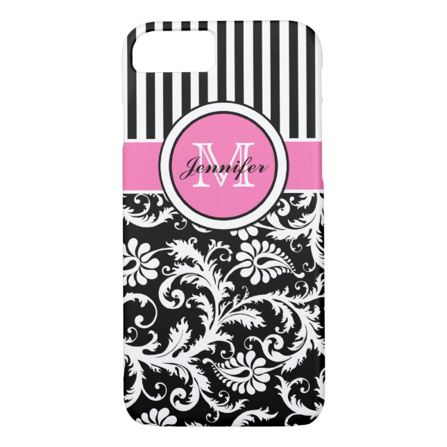 Monogrammad Rosa, svart, vit, rand-skadad Case-Mate iPhone Skal (Baksida)