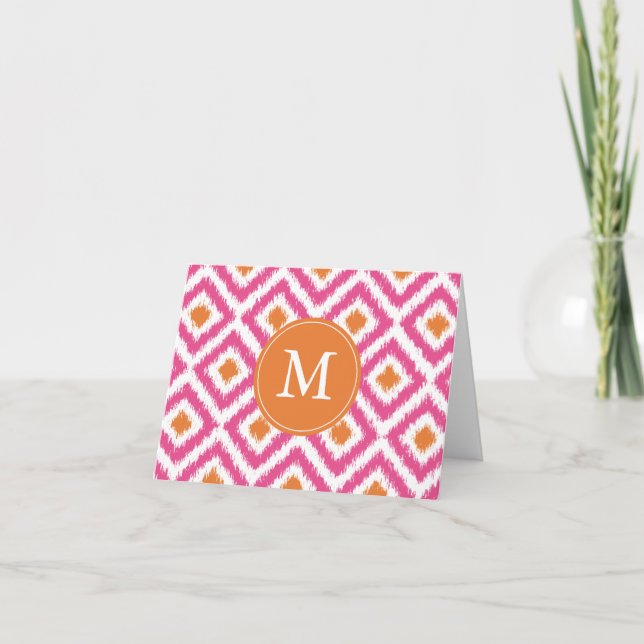 Monogrammad Rosa Tangerine Diamonds Ikat Mönster Anteckningskort (Framsida)