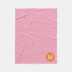 Monogrammad Rosa Tangerine Diamonds Ikat Mönster Fleecefilt