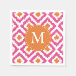 Monogrammad Rosa Tangerine Ikat Mönster Pappersservett