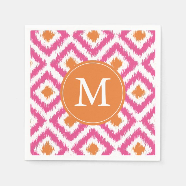 Monogrammad Rosa Tangerine Ikat Mönster Pappersservett (Framsidan)