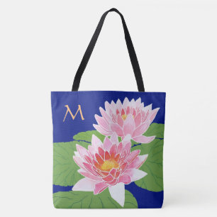 Monogrammad Rosa Vatten Lilies på Blue Tygkasse