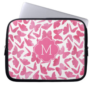 Monogrammad Rosa Watercolor Butterflies Mönster Laptop Fodral