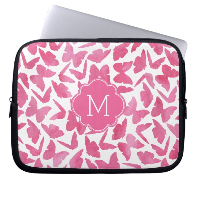 Monogrammad Rosa Watercolor Butterflies Mönster Laptop Fodral (Framsidan)