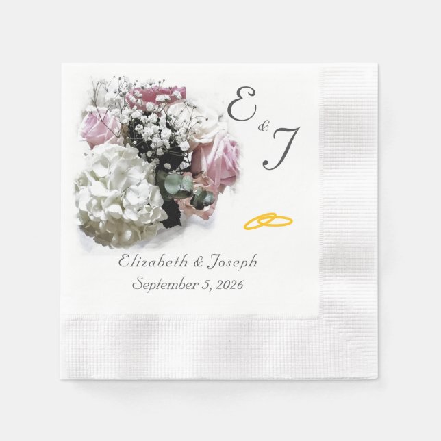 Monogrammad Rosa & White Blommigt Bröllop Napkins Pappersservett (Framsidan)