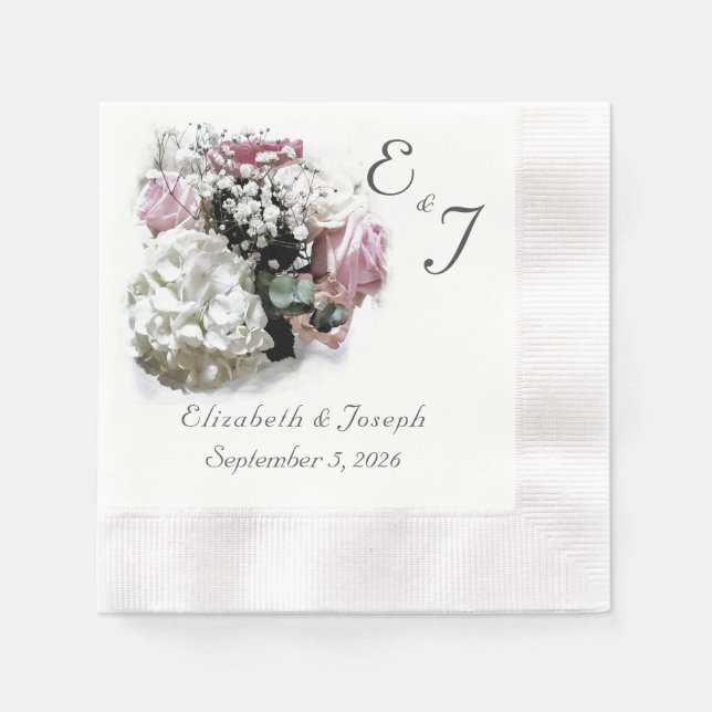 Monogrammad Rosa & White Blommigt Bröllop Pappersservett (Framsidan)