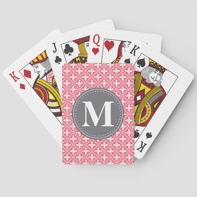 Monogrammad Rosa White Blommigt Lattice Mönster Spel Kort (Baksidan)
