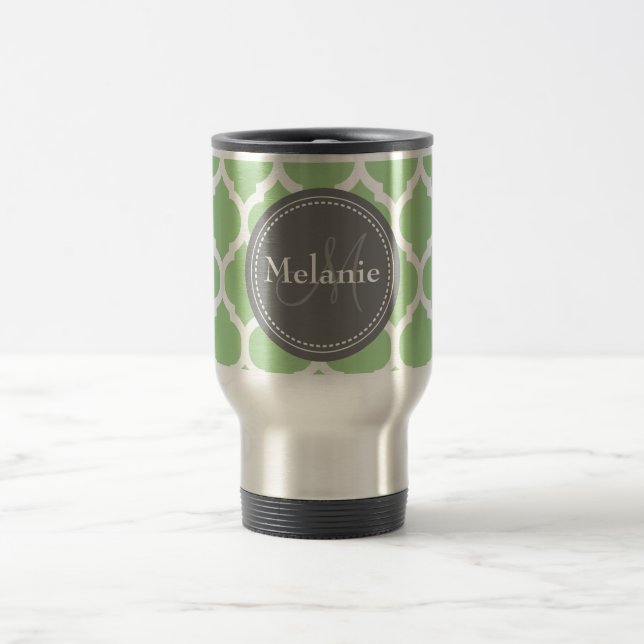 Monogrammad Sage Grönt & Grått Quatrefoil Resemugg (Center)