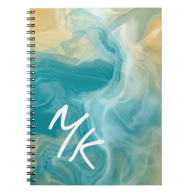 Monogrammad Sandy Brown Ocean Blue Fluid Art Anteckningsbok (Framsidan)