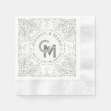 Monogrammad Silver Bröllop Napkins Heart Gräns